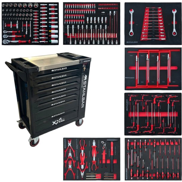 Stahlbr vrktjsvogne med 7 fyldte skuffer 